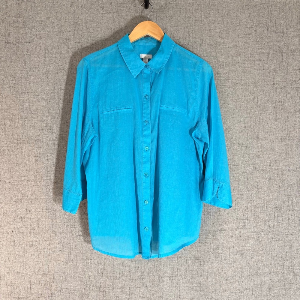Chicos Women Size 2 Large Turquoise Blue Ramie Cotton Button 3/4 Sleeve Shirt